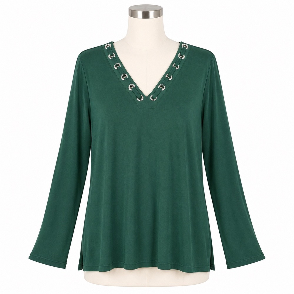 Michael Kors Top‎ Womens XL Dark Emerald Green Grommet V-Neck Long Sleeve Blouse